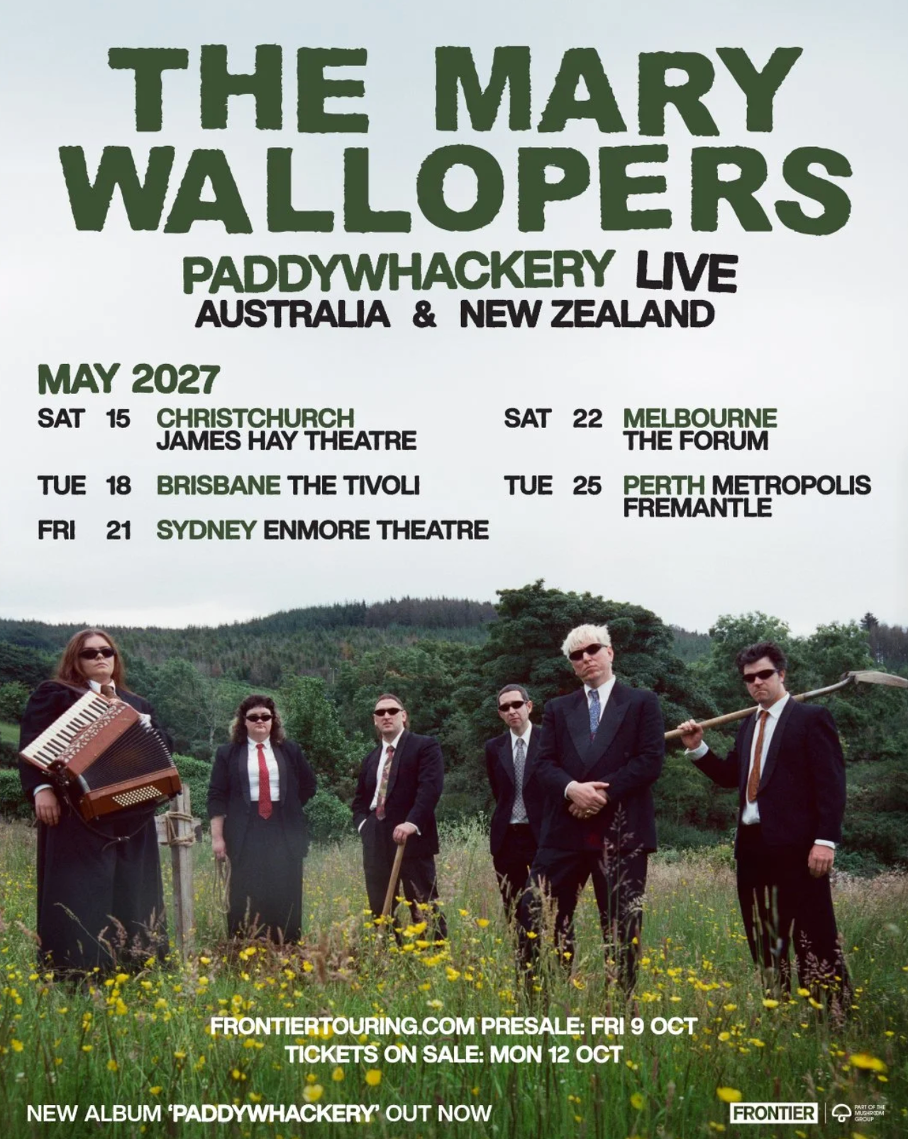 The Mary Wallopers Paddywhackery Live Australia & New Zealand tour poster with May 2027 dates and band photo in a field